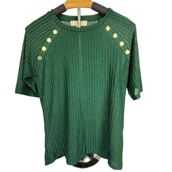 Michael Kors Women's Size S Short Sleeve Shirt Gold Button Ribbed Emerald Green - Picture 1 of 16